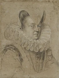 Portret Margherity, księżnej Ferrary (czarna kreda, podwyższona bielą, na brązowo-szarym papierze)